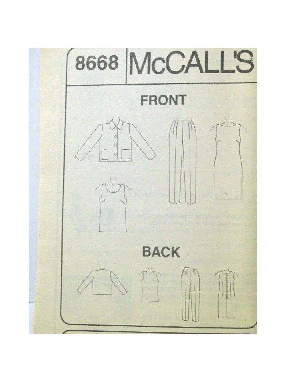 VTG Sewing Pattern McCalls 8668 Misses Unlined Jacket Top Dress Pants 6-10 U/C